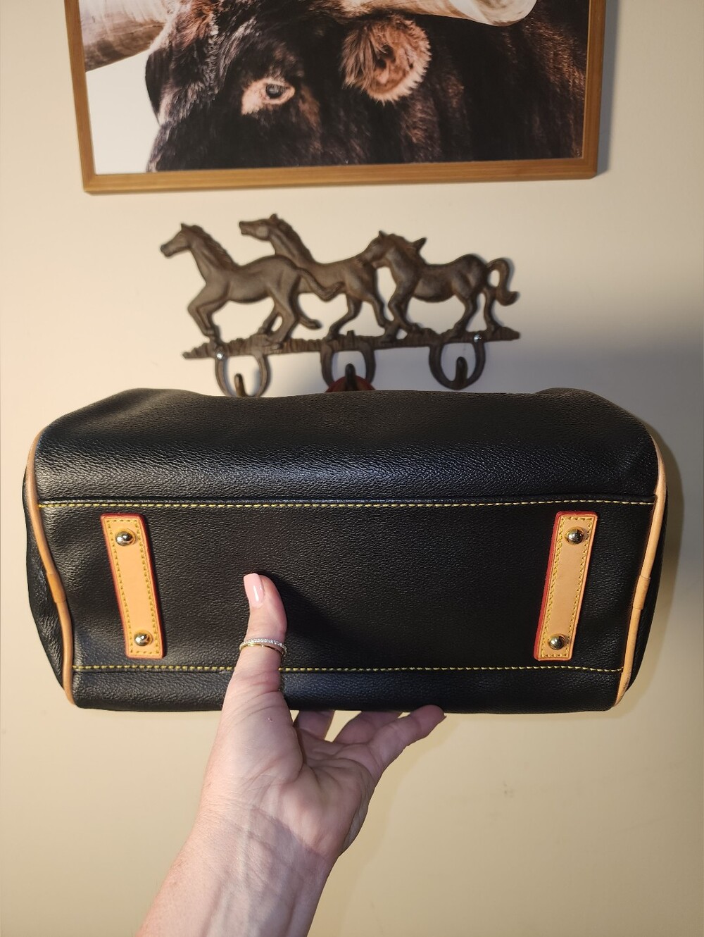 Dooney & Bourke Black Pebbled Leather Olivia Satchel Tan Handles - Picture 3 of 11